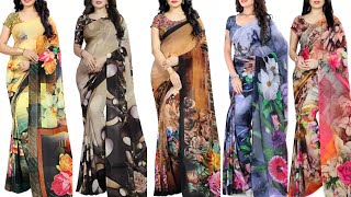 Digital Print, Geometric Print, Graphic Print, Floral Print Fashion Poly Georgette Saree  (Brown) screenshot 2