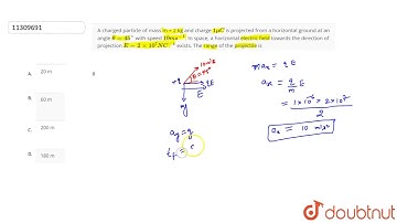 A charged particle of mass m = 2 kg and charge `1 muC` is projected from a horizontal ground