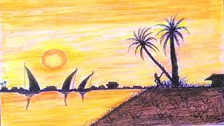 رسم منظر طبيعي💙 | How to Draw Easy Scenery Of Arabia | Drawing Simple Sunset Scenery Step by Step