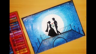 Romantic Couple moonlight scenery drawing with oil pastel | Drawing Food And Fun