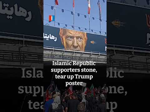 Islamic Republic supporters stone, tear up Trump poster