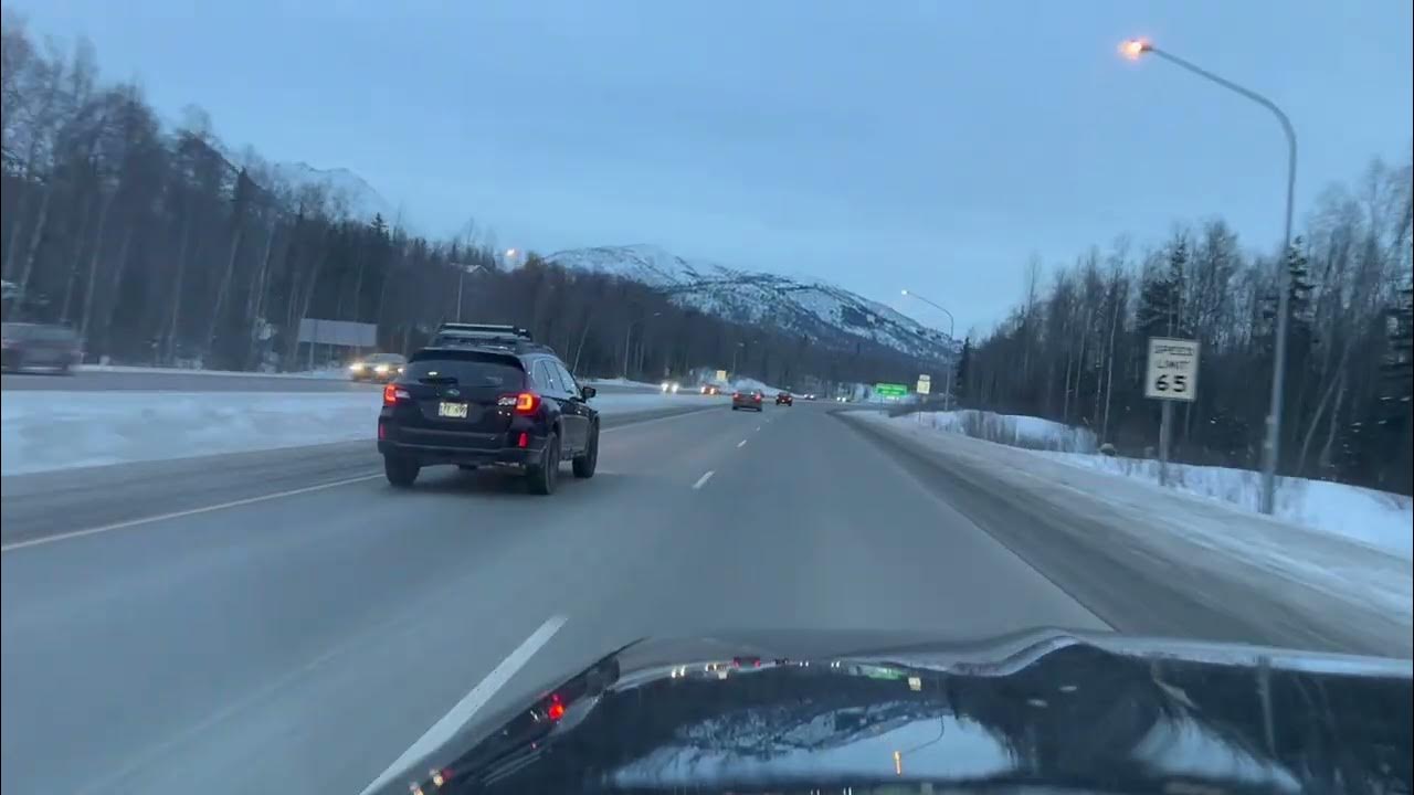 Alaska winter evening PalmerAnchorage driving Glenn Hwy, Boniface