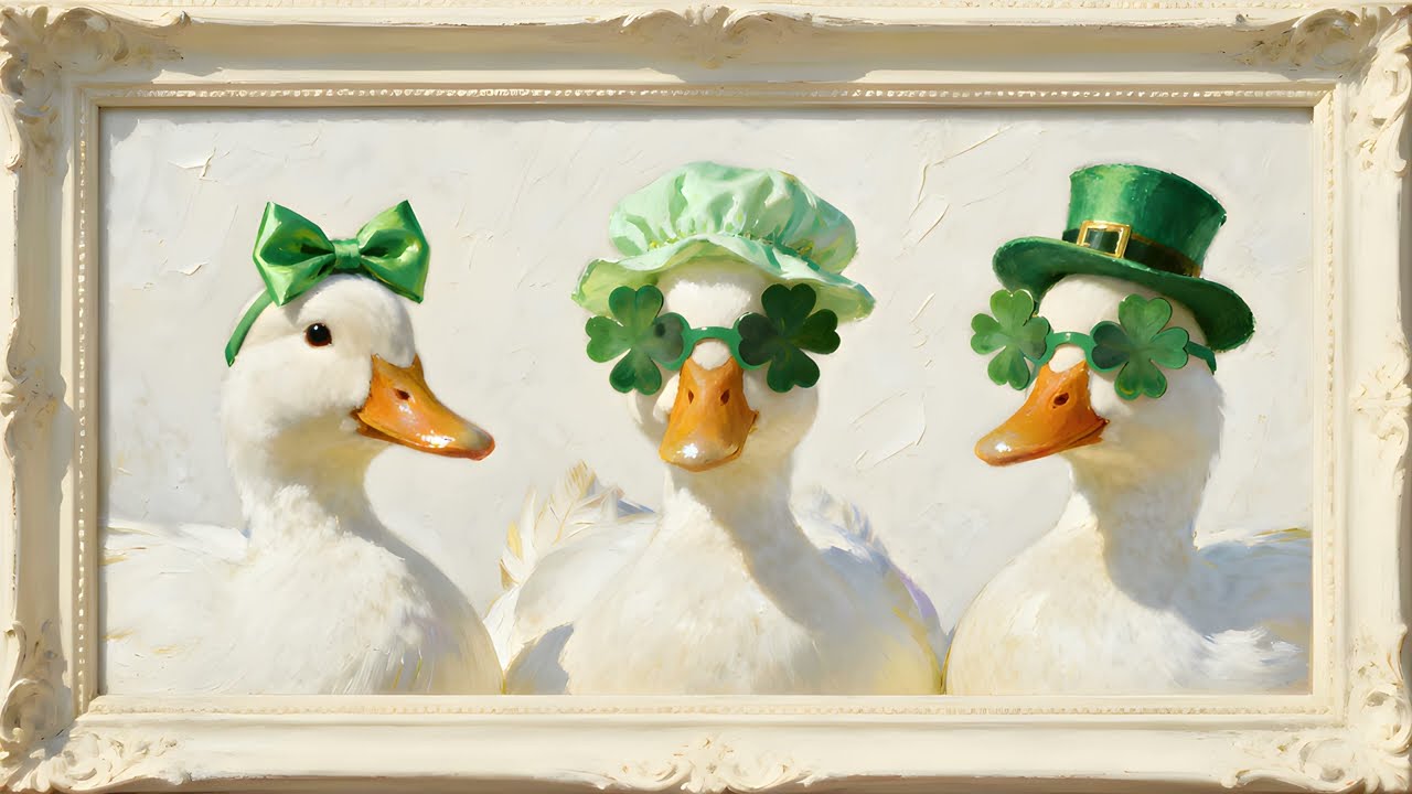 St Patrick’s Day Ducks Painting 4K 🍀 Vintage Irish Shamrock Frame TV Art | Funny Duck Screensaver