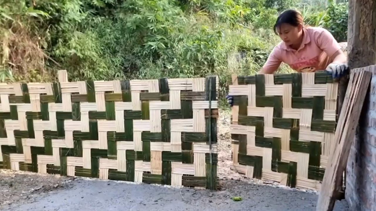 The girl makes bamboo fences and takes care of pets.