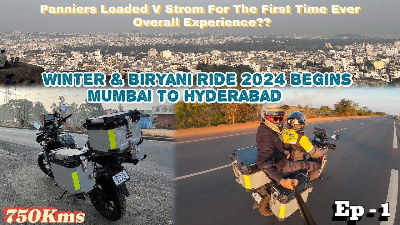 MUMBAI TO HYDERABAD | EP 1 | BIRYANI+WINTER RIDE 😋| PANNIERS READY V STROM SX | 750 KMS NON-STOP 🔥