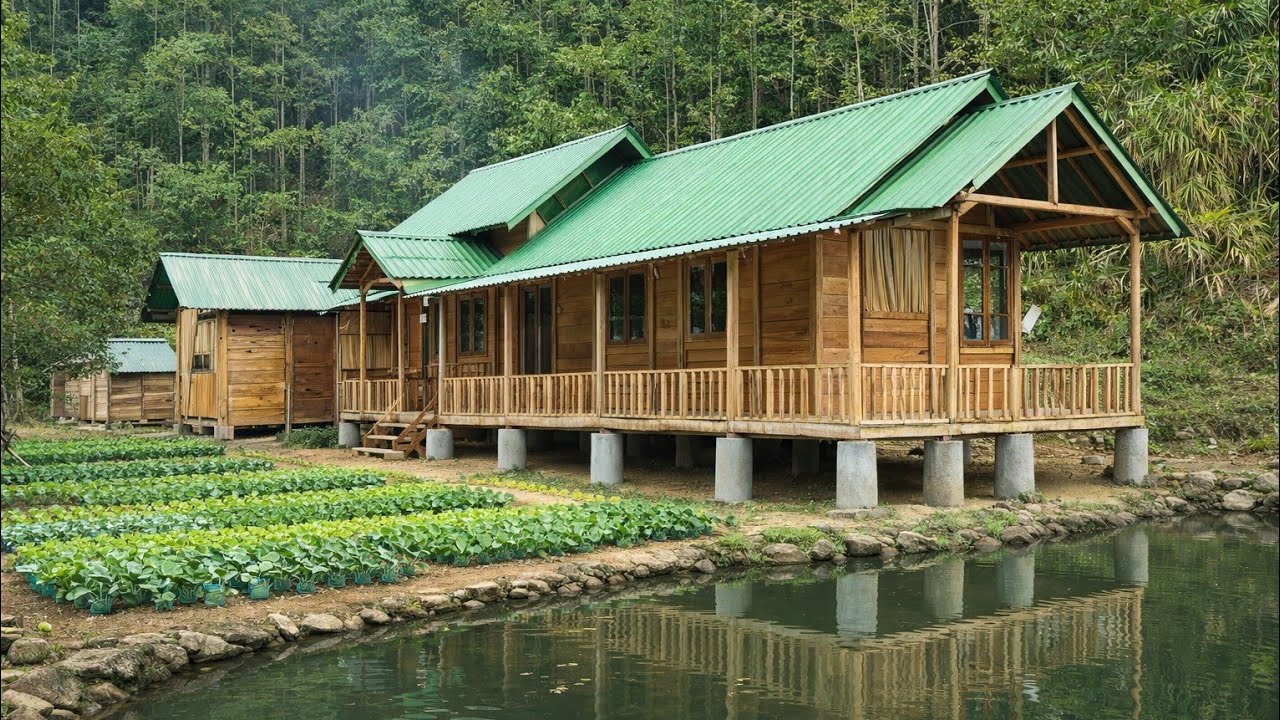 After 6 months, the couple and their young child had built and furnished their house and garden.