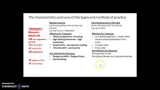 Types of practice - Massed, Distributed, Fixed Variable