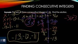 Write and Solve Equations for Consecutive Integers Consecutive Integers And Writing Algebra Equations