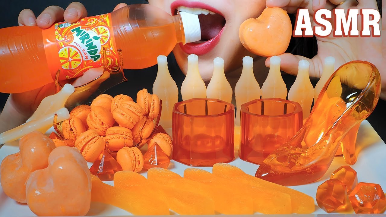 ASMR ORANGE FOOD(EDIBLE GLASS,ICE CREAM,MINI MACARON,ICE SPOON,DIAMOND GUMMY,EDIBLE SHOES,NIK-L-NIPS