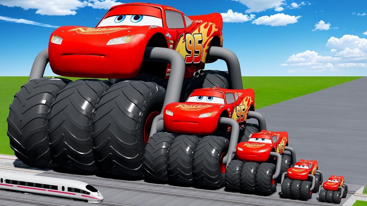 Big & Small McQueen with Double Monster Wheels VS Train | BeamNG.drive