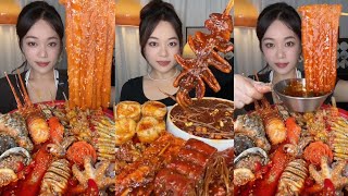 Mukbang ASMR:Eat spicy 🥵🔥 marinated seafood 🦞🤤 fried squid 🦑#mukbang #yummy #delicious 