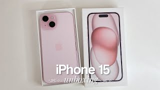 iPhone 15 pink unboxing (128 gb) 🎀 accessories, camera test, setup