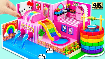DIY Miniature Cardboard House ❤️ Make Pink Hello Kitty House with Rainbow Wells, Automatic Pool