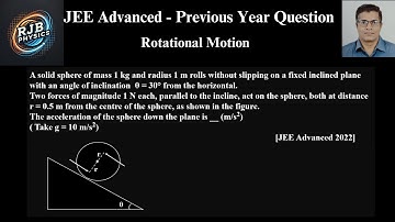A solid sphere of mass 1 kg and radius 1 m rolls without slipping on a fixed inclined plane with an