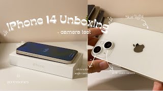 iPhone 14 Starlight Aesthetic Unboxing | accessories, camera test & set-up