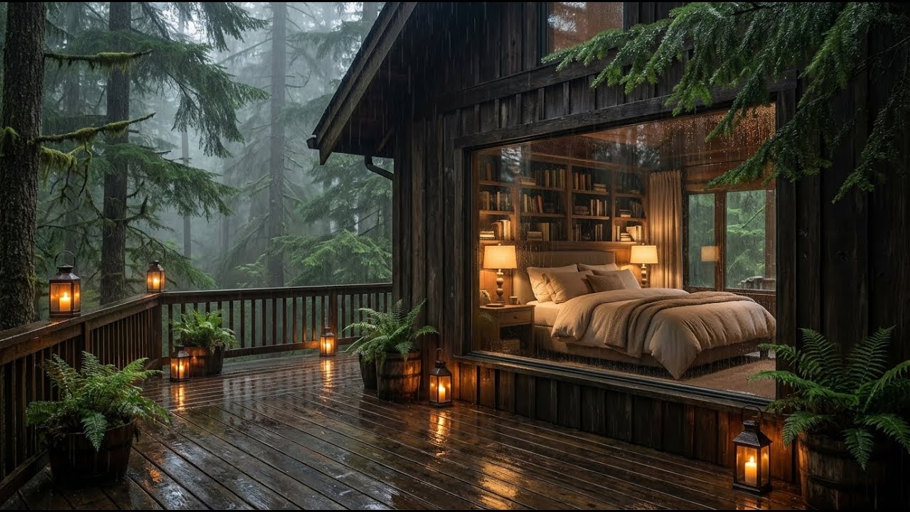 Soul Comfort Heavy Rain & Felt Piano at Glowing Cabin Window for Restful Nightly Rest 🏡🌙