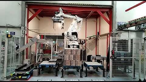 AGV + COMAU Palletizer and orbital stretch wrapper plant