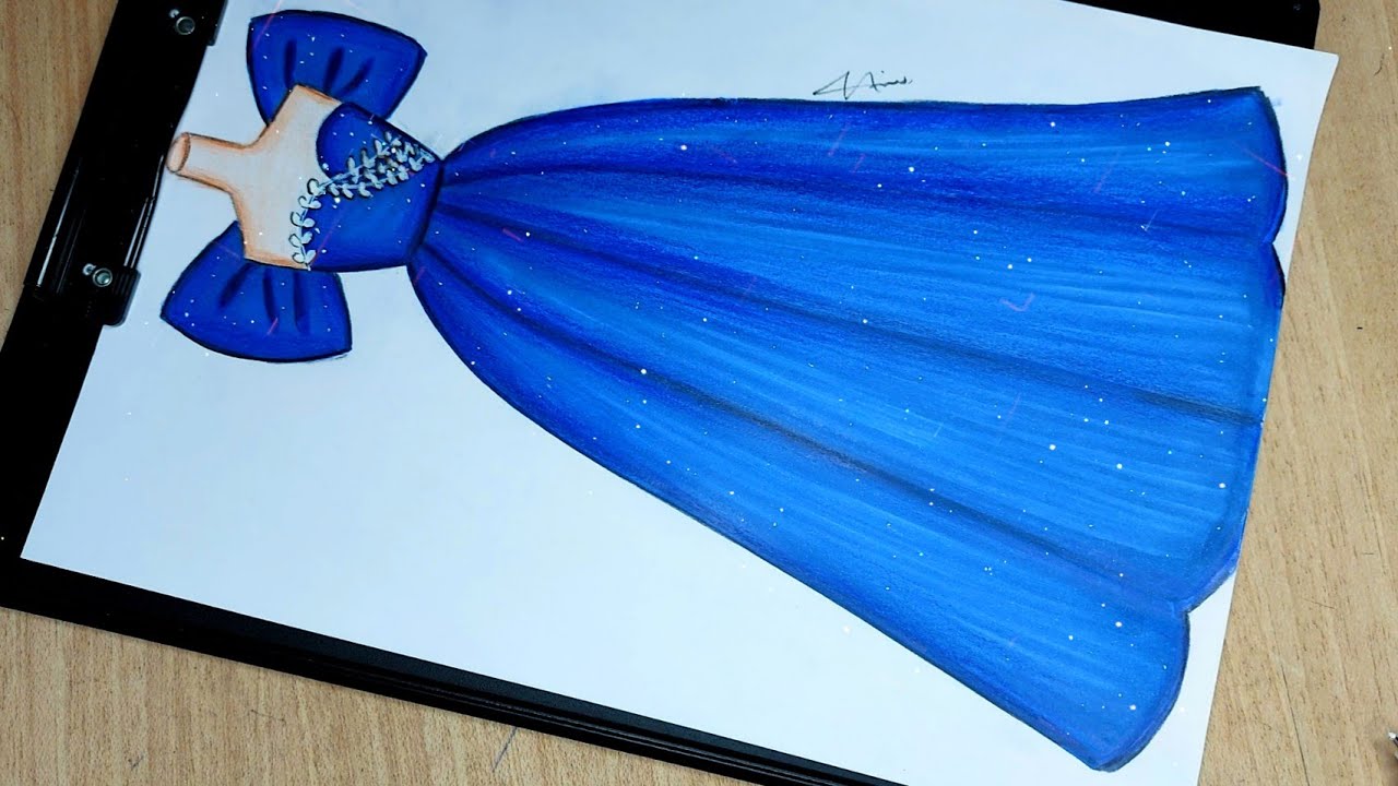 تعلم رسم فستان سهرة أزرق خطوة بخطوة / رسم فساتين ازياء / رسم فساتين بنات / رسم بنات