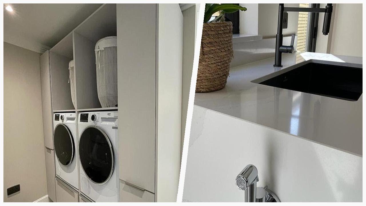 75 Laundry Room With Stone Slab Backsplash And White Countertops Design ...