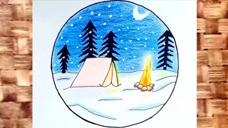 رسم منظر طبيعي لفصل الشتاء - Easy Winter Scenery Drawing