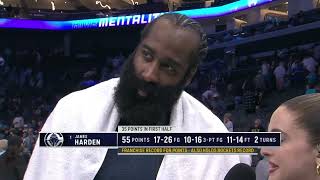 James Harden postgame interview afrer scoring 55 points. ending interview with Basketball is life