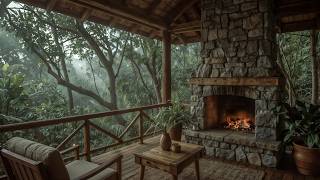 3 Hours Forest Rain &amp; Fireplace | Cozy Porch Fire with Heavy Rain and Nature Sounds