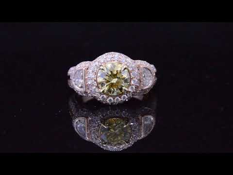 Natural Round Cut Fancy Yellow 3Stone Half Moon Halo Split Shank Micro Pave Diamond Engagement Ring