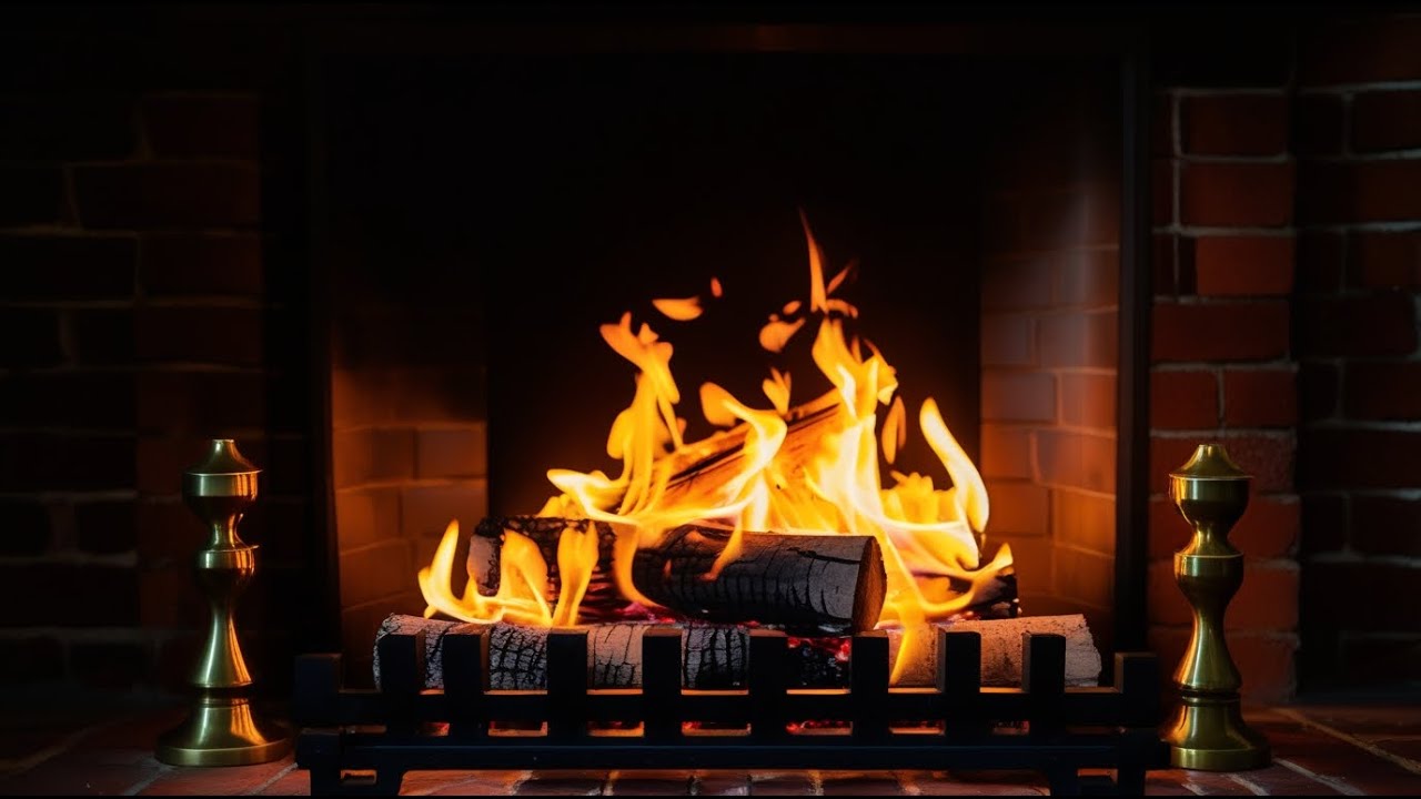 🔥Calming Nighttime Atmosphere Created by a Real Brick Fireplace with Slow Burning Logs.
