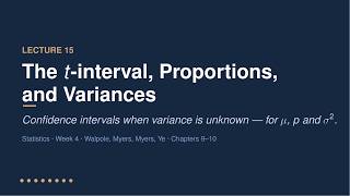The t-Interval, Proportions & Variances — Statistics Week 4, Lecture 15