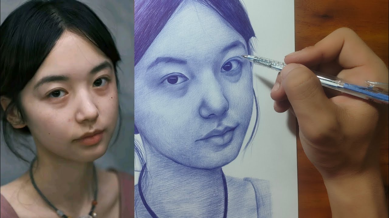 Vẽ bức tranh chân dung bằng bút bi xanh