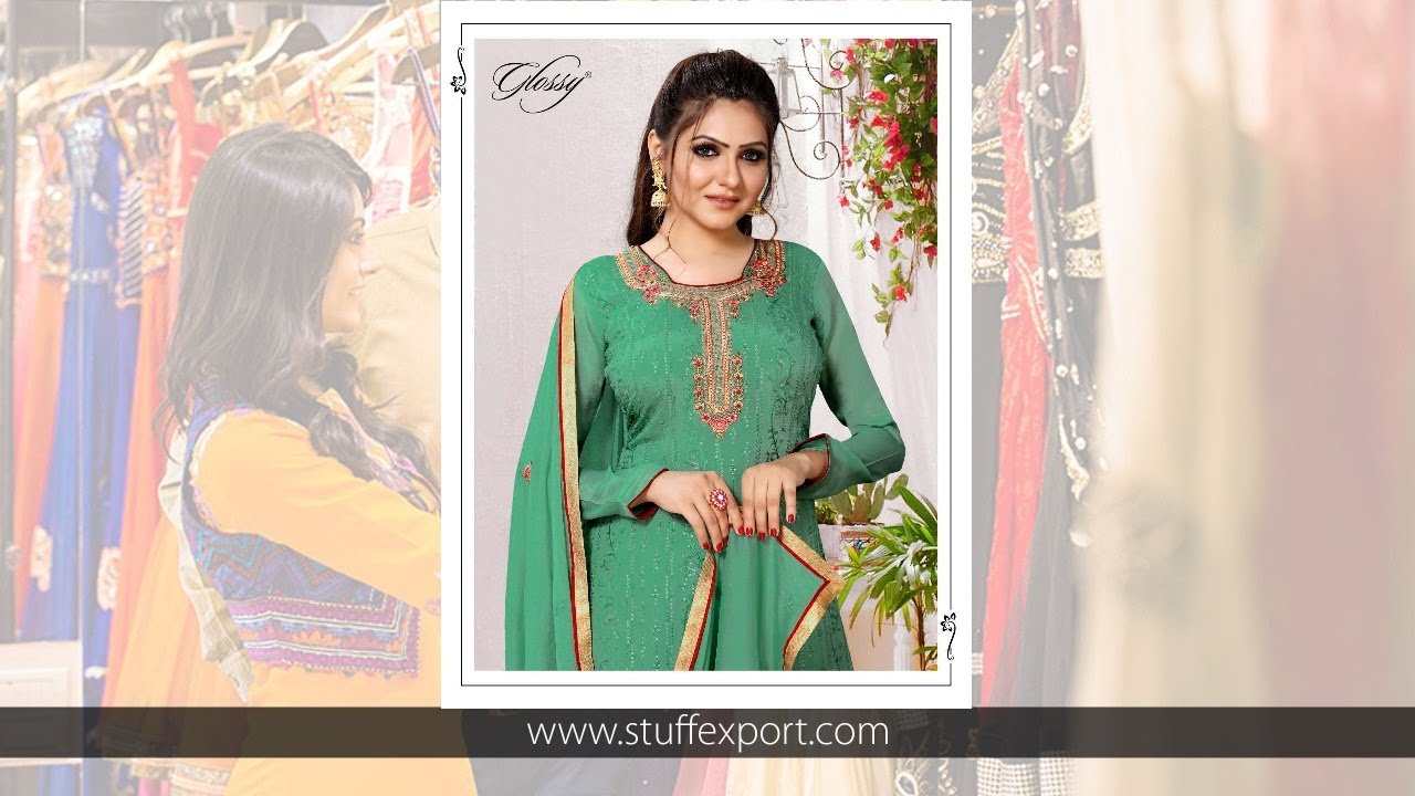Stuff Export Presents Glossy Noor Pure Viscose Chinon Embroidery work Designer Suit Catalog |