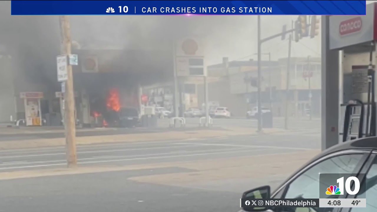 Car jumps curb, crashes into gas station pump causing fire - YouTube