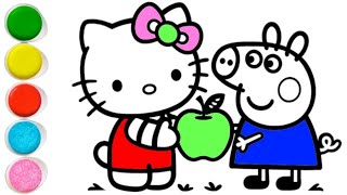 hello kitty and peppa pig sharing an apple drawing and coloring for kids and toddlers