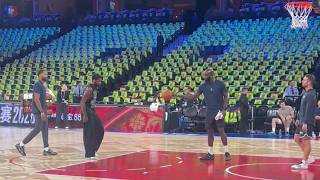 KYRE IRVING WARMING UP FOR HIS FIRST GAME IN 19 MONTHS TODAY MAVS PRESEASON GAME VS ROCKETS IN CHINA
