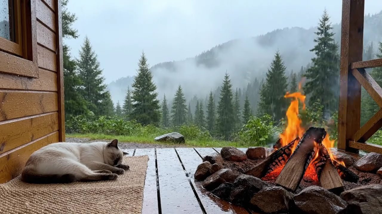 🌧️ Relax & Drift to Sleep | Rain on Cabin Windows, Fire & Peaceful Cat