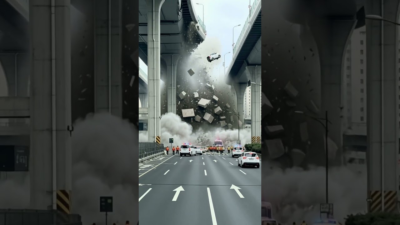 Overpass Collapse! Multiple Cars Fall, Scene Turns Chaotic
