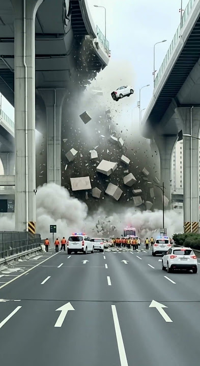 Overpass Collapse! Multiple Cars Fall, Scene Turns Chaotic#collapse #bridge #accident #cars#disaster