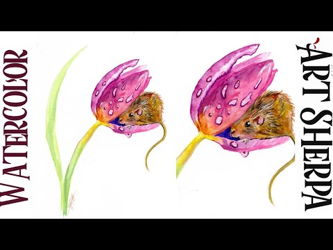 MOUSE IN A TULIP Easy How to Paint Watercolor Step by step | The Art Sherpa