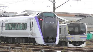 ﾐｭｰｼﾞｯｸﾎｰﾝ鳴らし 特急あずさ用 E353系S113編成 廃車のE217系を横目に構内試運転終了！いざ出場へ！2023.10.5 JR長野総合車両センター　panasd 3212