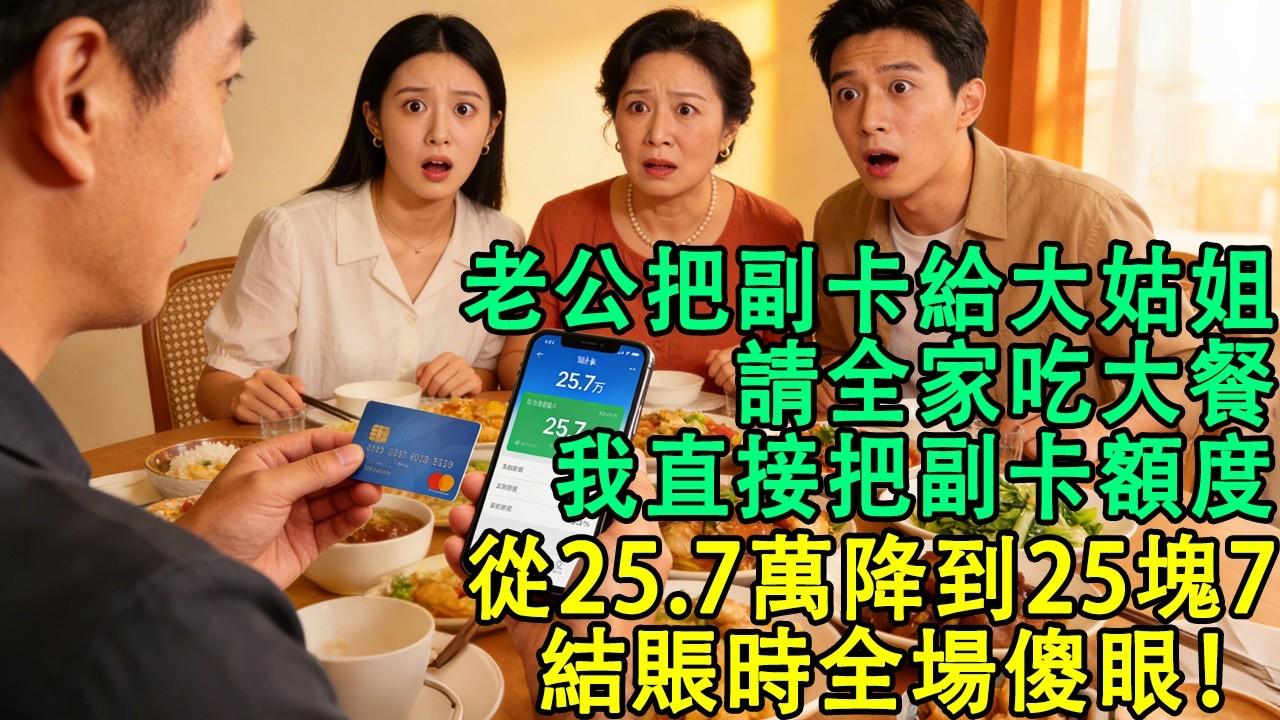 老公把副卡給大姑姐請全家吃大餐，我直接把副卡額度從25.7萬降到25塊7，結賬時全場傻眼【小君講故事】#婆媳 #家庭 #婚姻 #情感 #情感故事 #為人處世 #養老 #老年生活 #退休