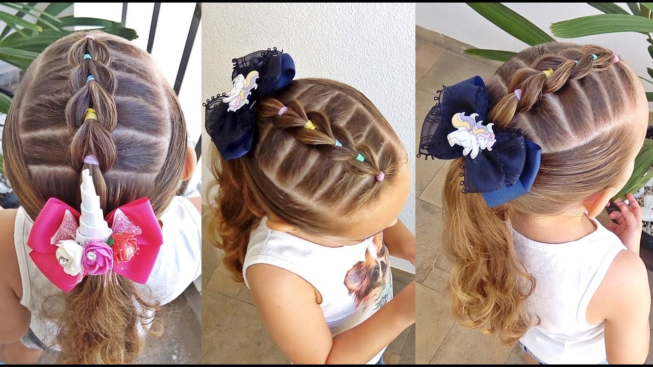 Penteado Infantil fácil com elásticos coloridos e laço de unicórnio | Penteados  infantis, Penteados, Penteados para cabelo infantil