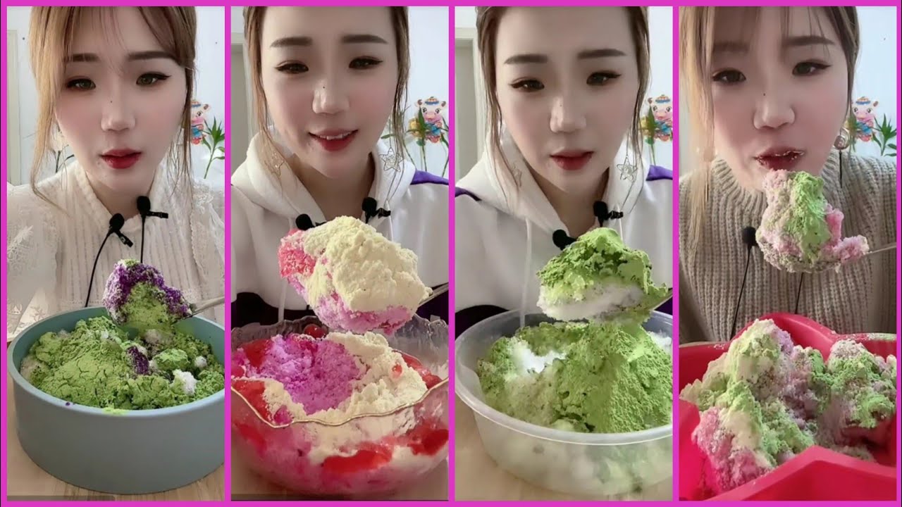 ASMR SPOONFULS OF REFROZEN SHAVED ICE EATING WITH MATCHA AND MILK POWDER