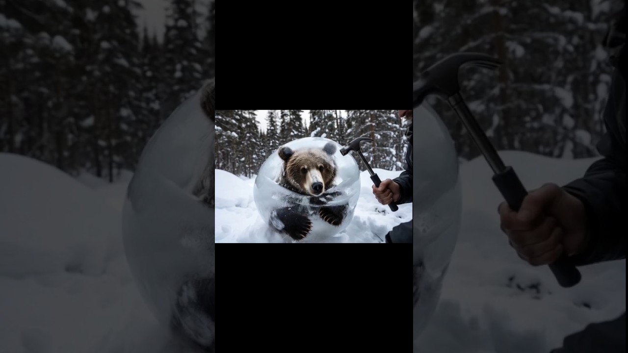 The poor bear got stuck in the ice.