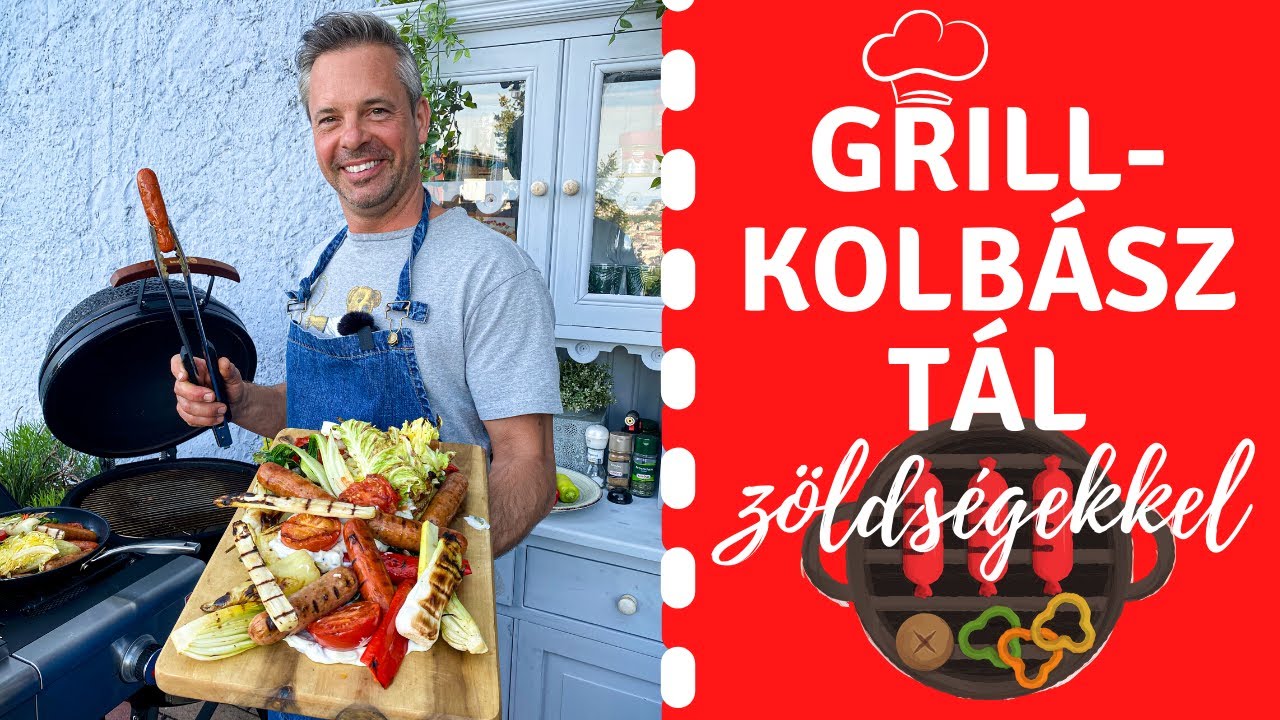 Grillkolbász tál zöldségekkel
