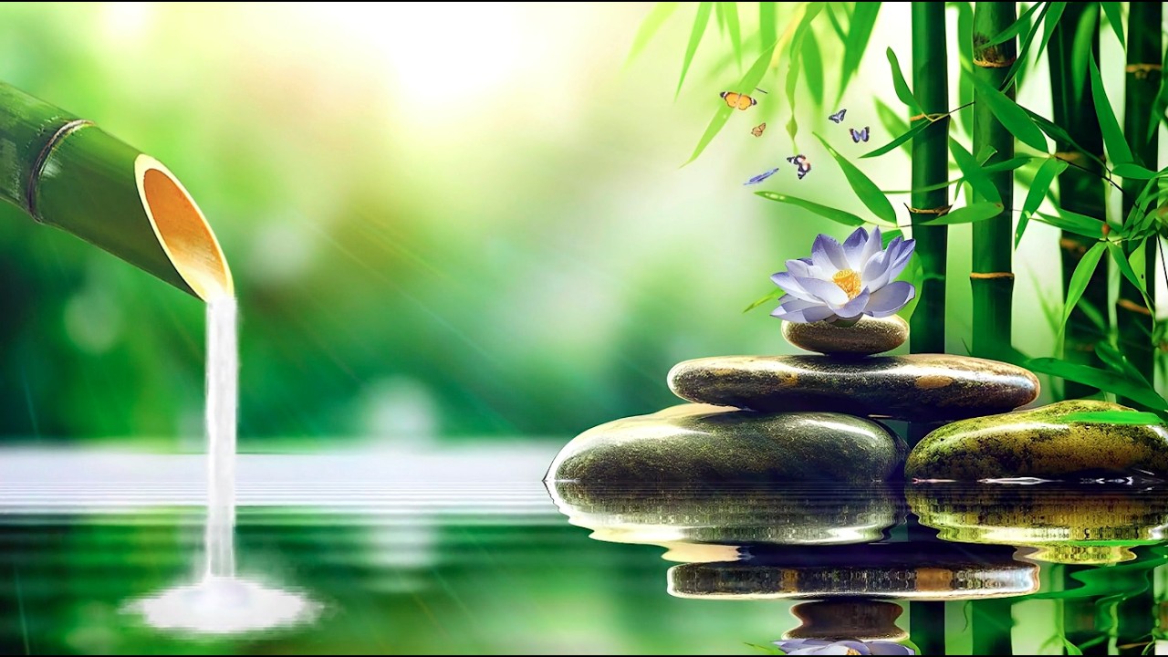 Relaxing Music & Bamboo Water 4K | Stress Relief | Peaceful Garden Scene