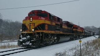 KCS SD70Ace leads mixed consist with lots of boxcars in the snow!