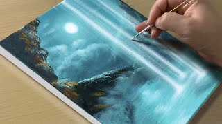 Moon Light Waterfall Acrylic Painting for Beginners