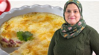 صينية بطاطس بيوريه بالبسطرمه ومكس الجبن  على طريقة ايمان عبدالعزيز