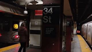 R160 #9586 (R) + R46 #5936/#5894 (Q) leaving 34 Street - Herald Square 