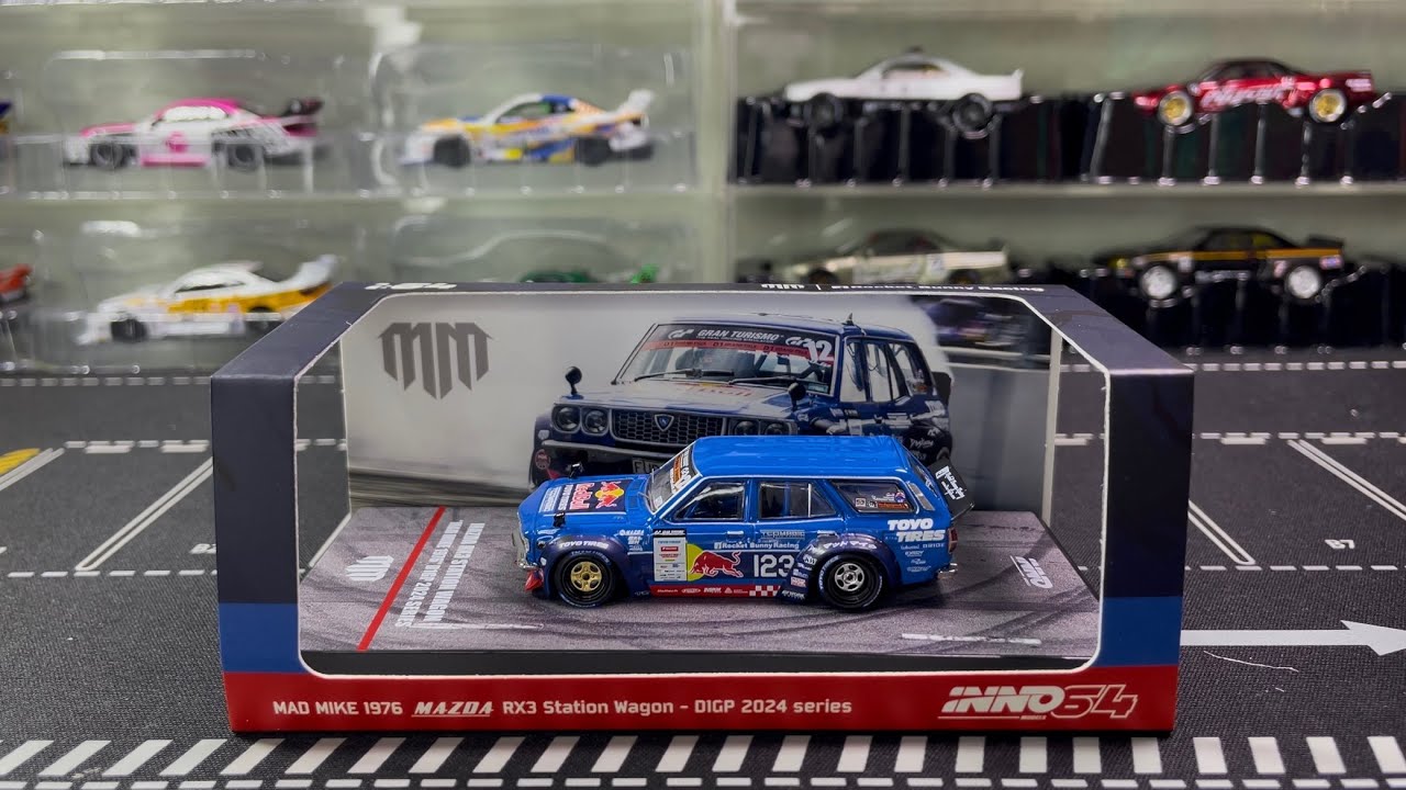 INNO 1:64 MAD MIKE 1976 RX3 Station Wagon D1GP 2024 BLUE# 23 Diecast Model Car e